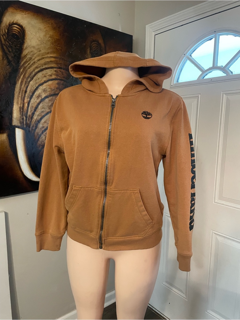 Timberland Brown Zip-Up Hoodie with Hood large 14 16 boys school jacket camel